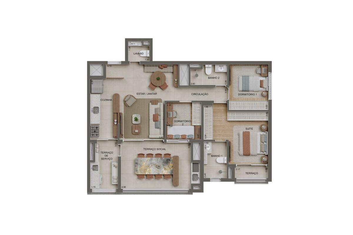 Planta — 100m² 2 dorms e 1 suíte com lavabo