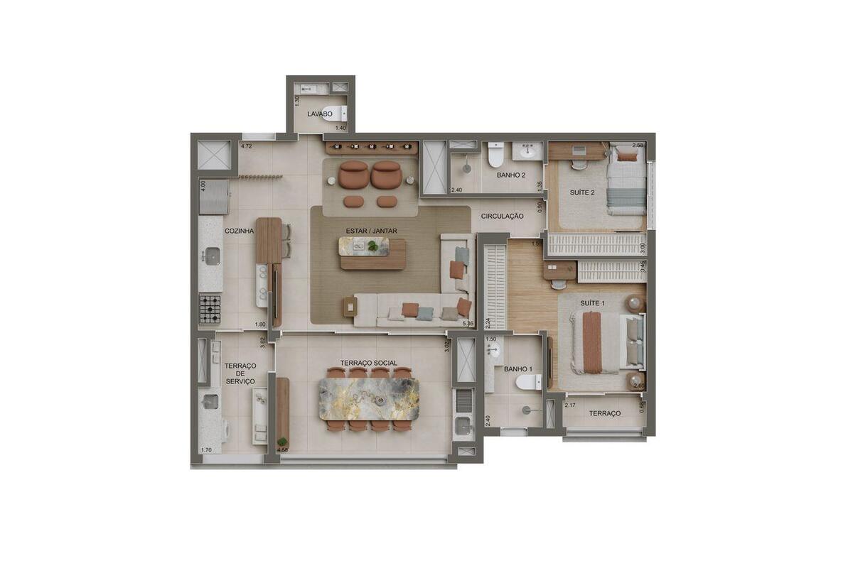 Planta — 100m² 2 suítes, opção ampliada, com lavabo