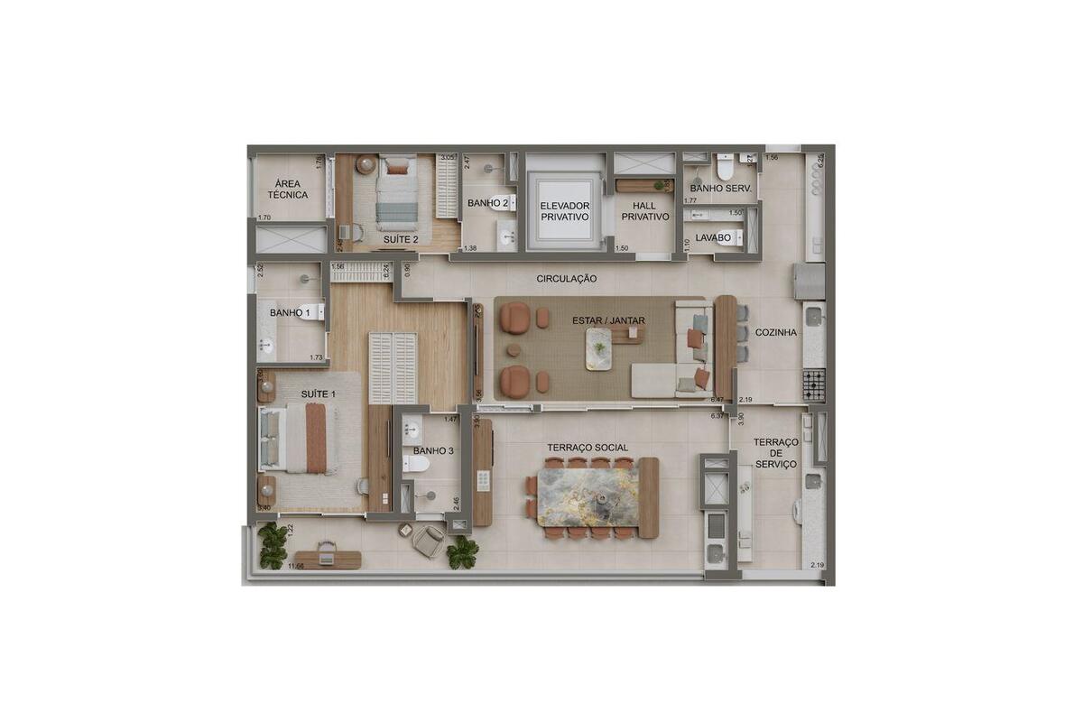 Planta — 147m² 2 suítes, opção ampliada, com lavabo