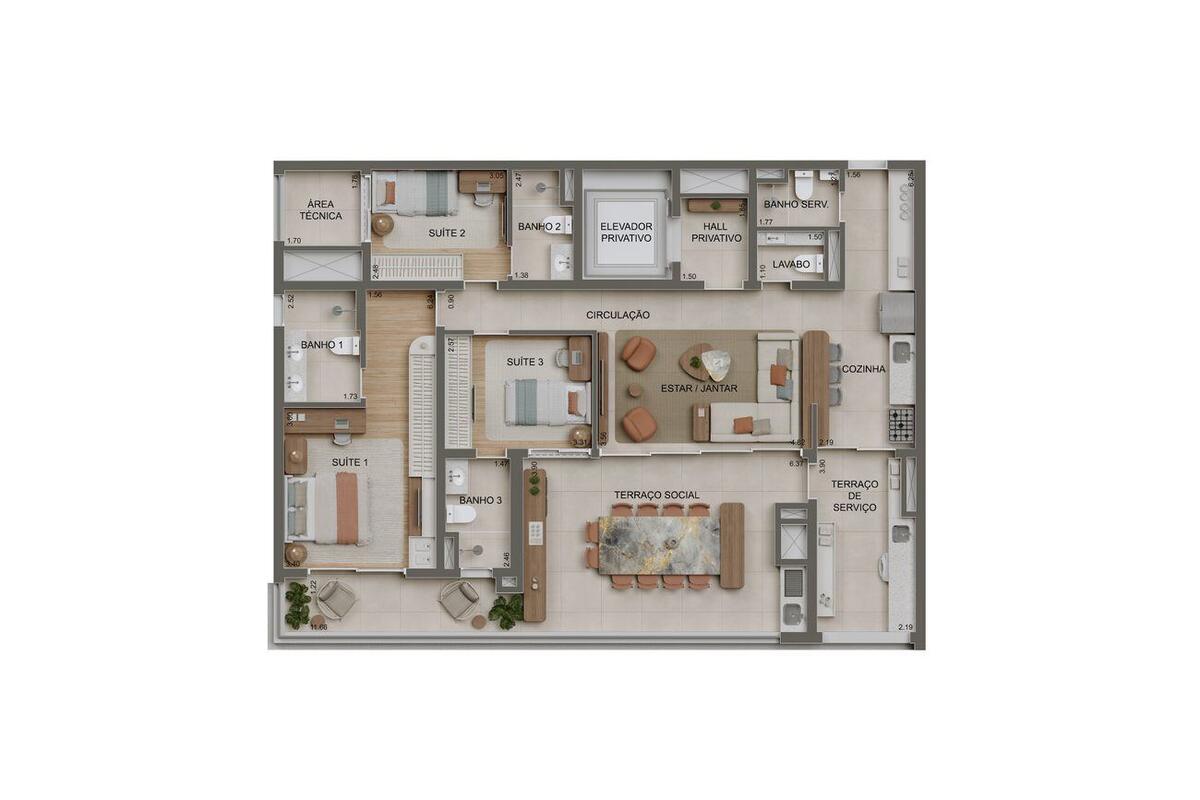 Planta — 147m² 3 suítes com lavabo