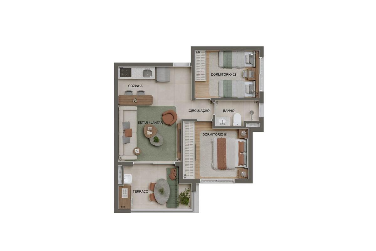 Planta — 56m² 2 dormitórios