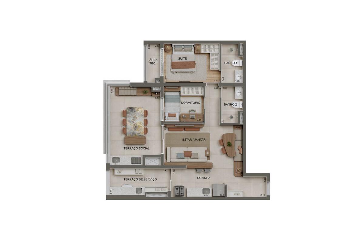Planta — 83m² 1 dormitório e 1 suíte
