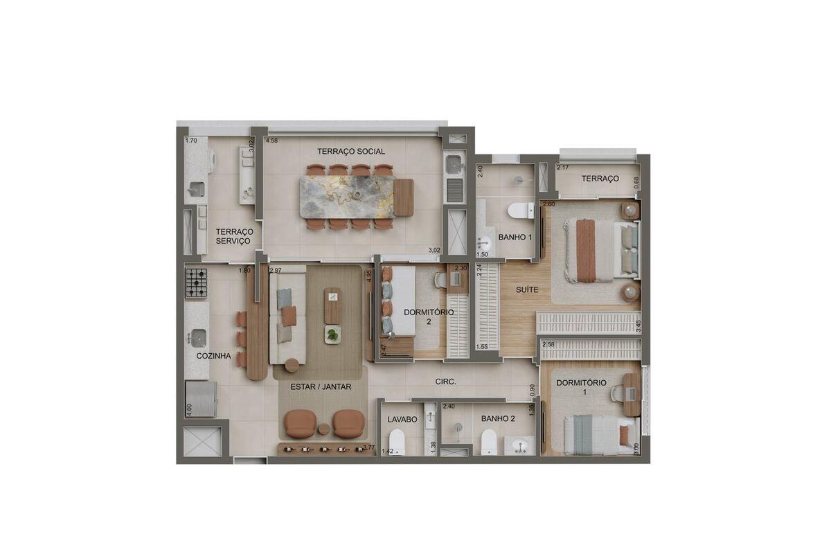 Planta — 99m² 2 dorms e 1 suíte com lavabo