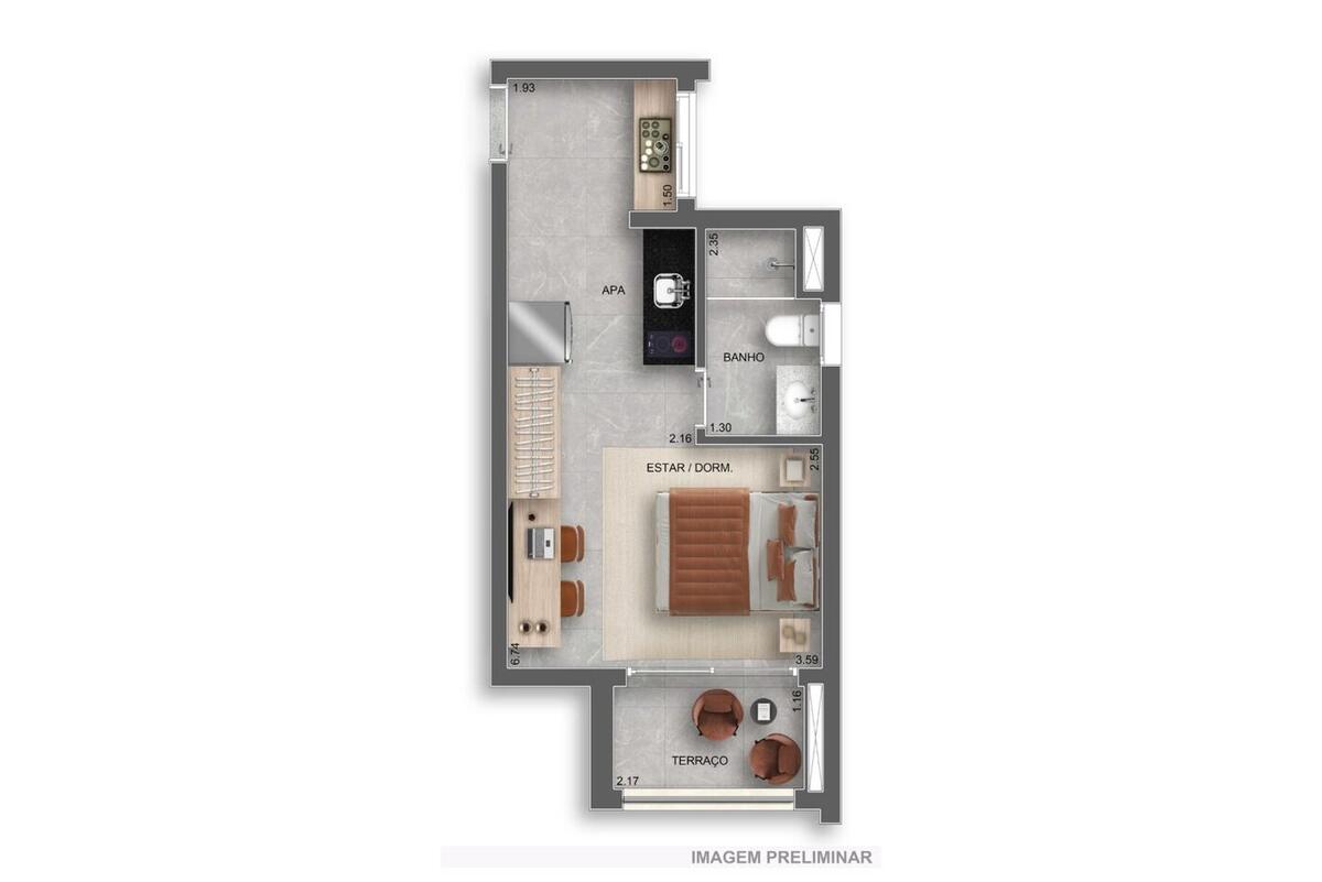 Planta — 29 m², 1 dormitório, Home Spaces