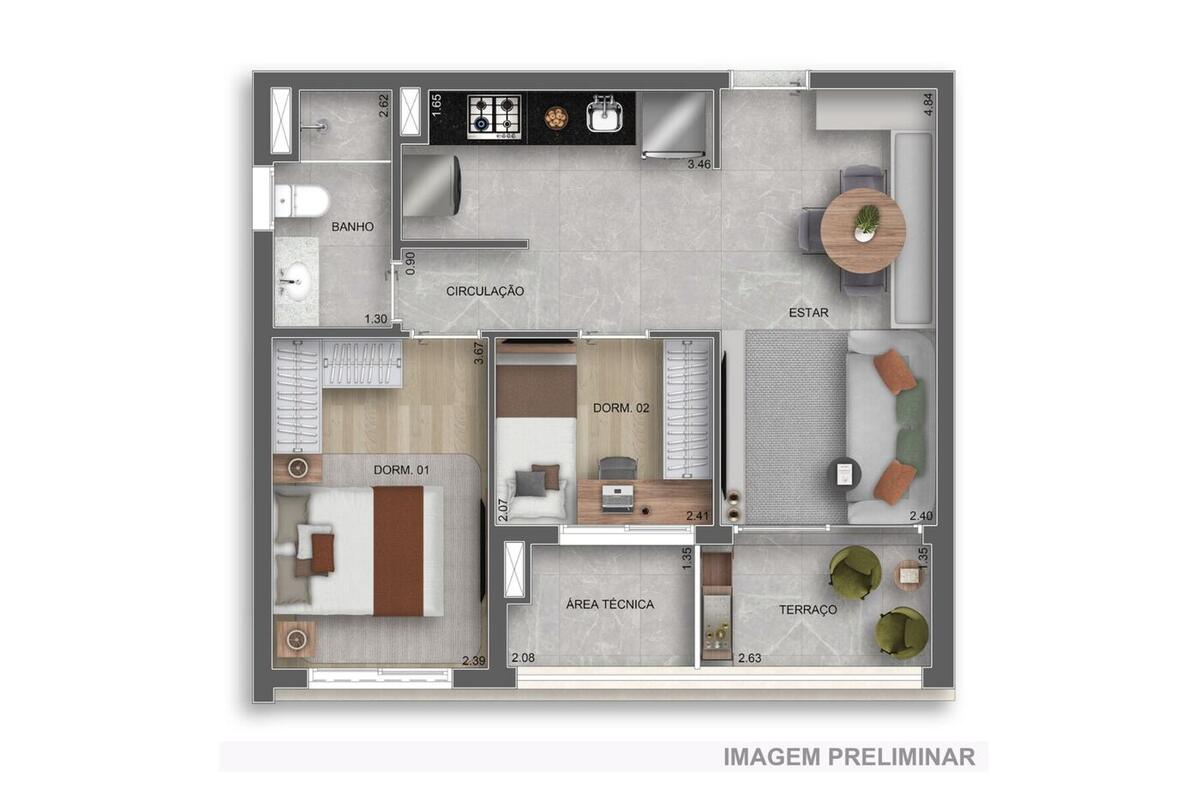 Planta — 53 m², 2 dormitórios, Home Spaces