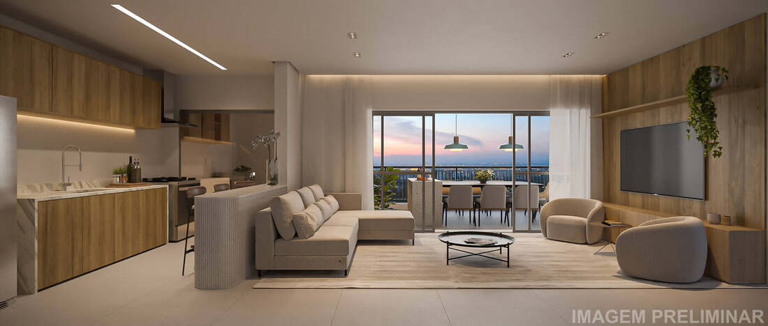 Living do apartamento decorado de 140 m², 3 dormitórios, Residences