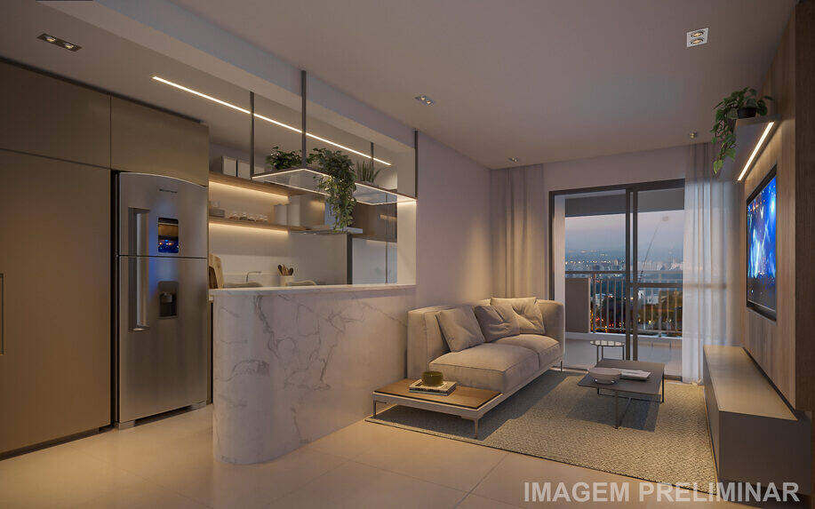 Living do apartamento decorado de 80 m², 2 dormitórios, Residences