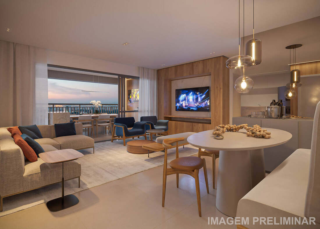 Living do apartamento decorado de 96 m², 2 dormitórios, Residences