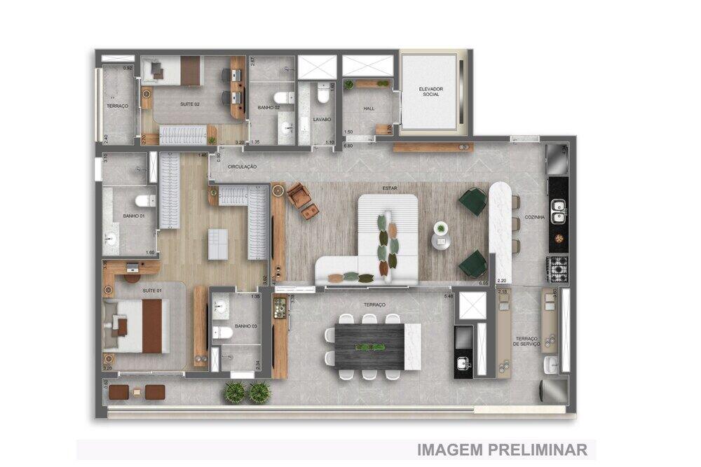 Planta — 140 m², 2 suítes opção ampliada, com lavabo, Residences