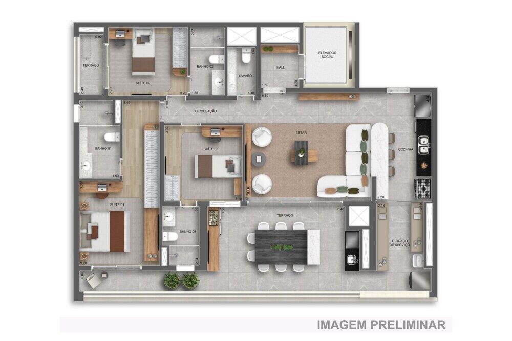 Planta — 140 m², 3 suítes, com lavabo, Residences