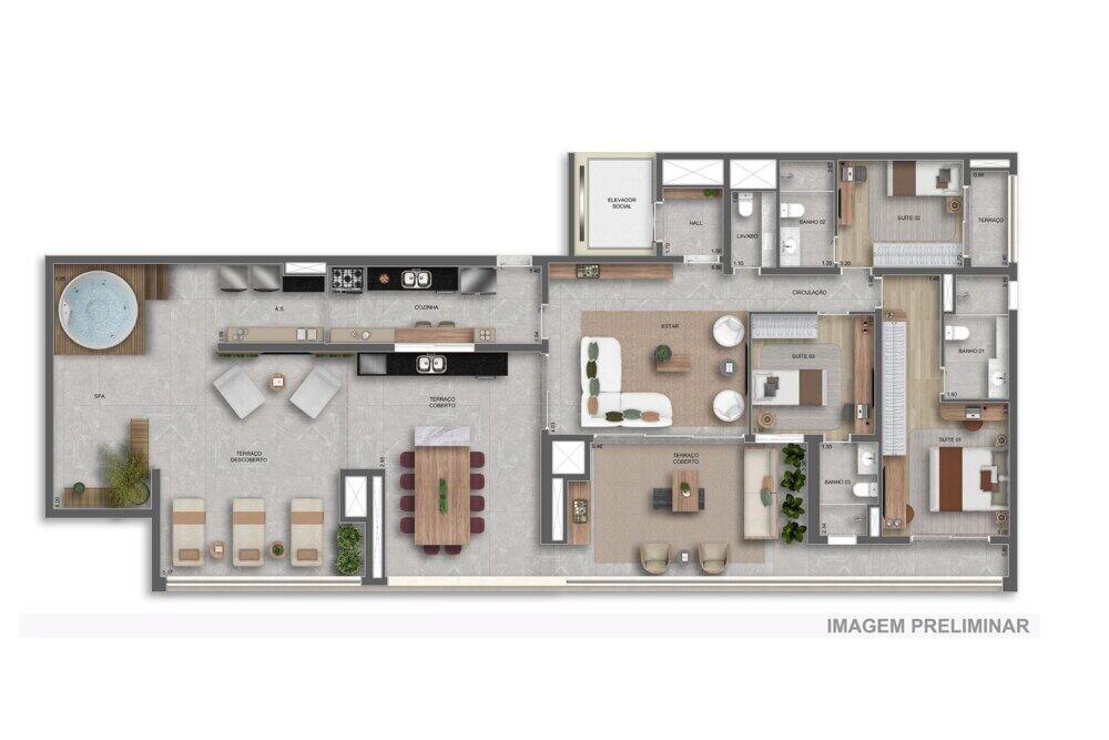 Planta — 218 m², Penthouse 3 suítes, com lavabo, Residences