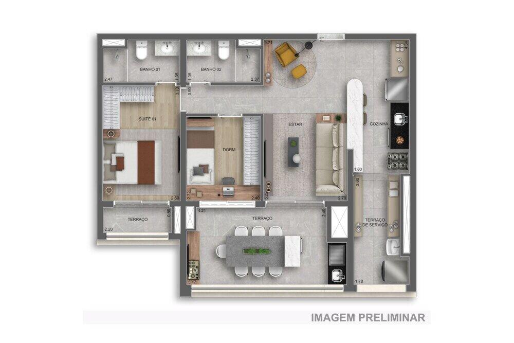 Planta — 80 m², 2 dormitórios (1 suíte), Residences