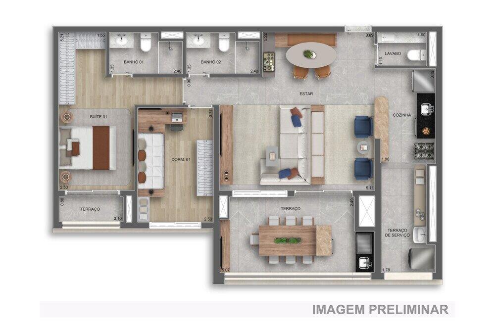 Planta — 96 m², 2 dormitórios opção ampliada (1 suíte), Residences