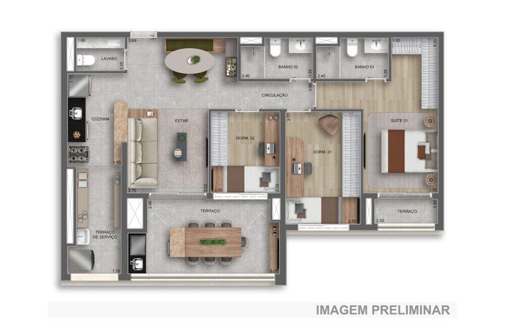 Planta — 96 m², 3 dormitórios (1 suíte), com lavabo, Residences