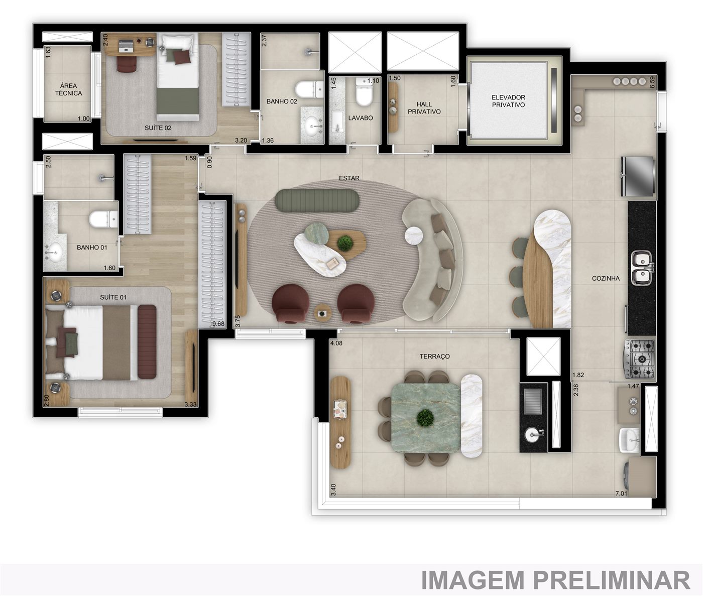 Planta — 113 m², 2 suítes, opção ampliada, com lavabo, Torre 1