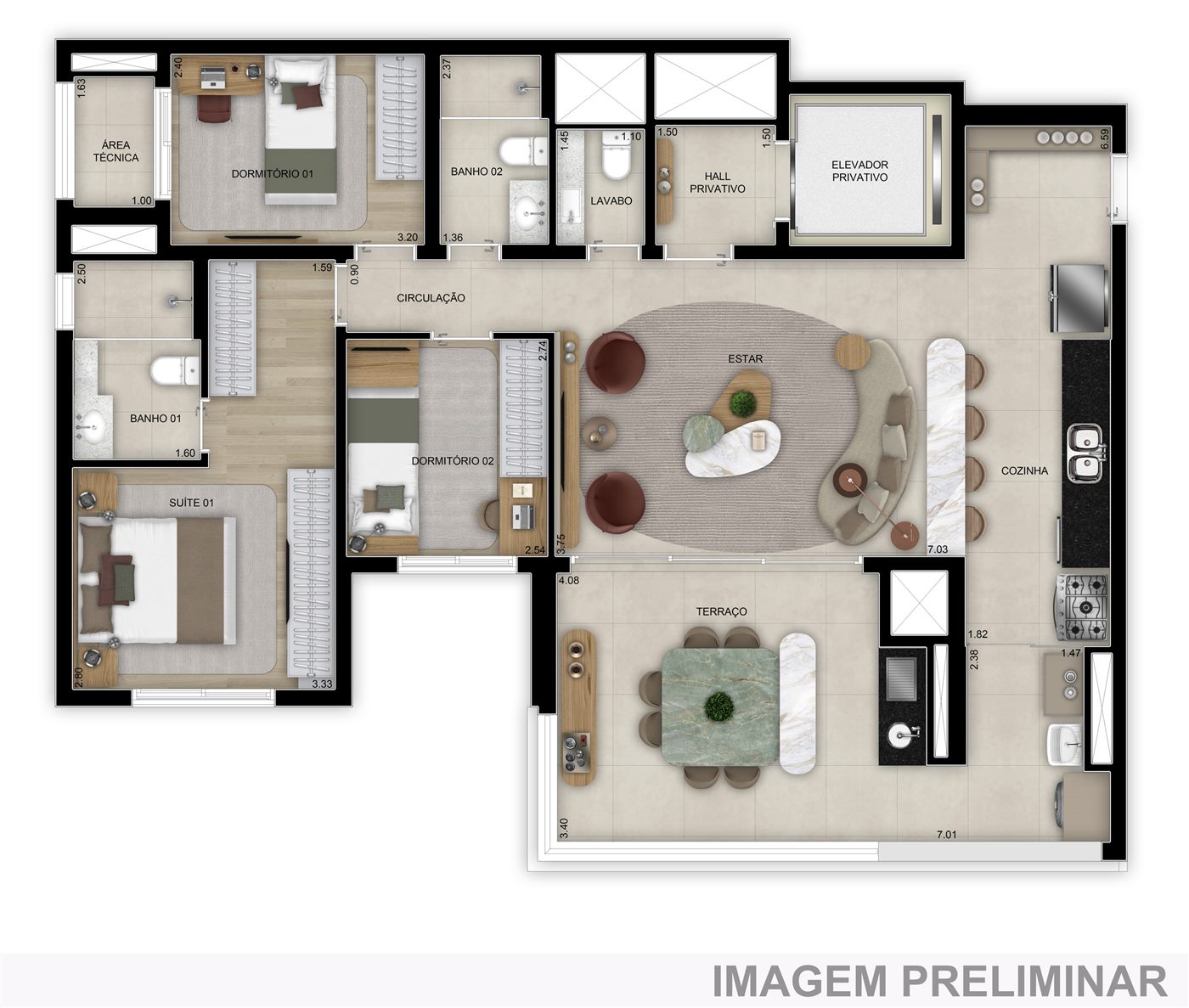Planta — 113 m², 3 dormitórios (1 suíte), com lavabo, padrão, Torre 1