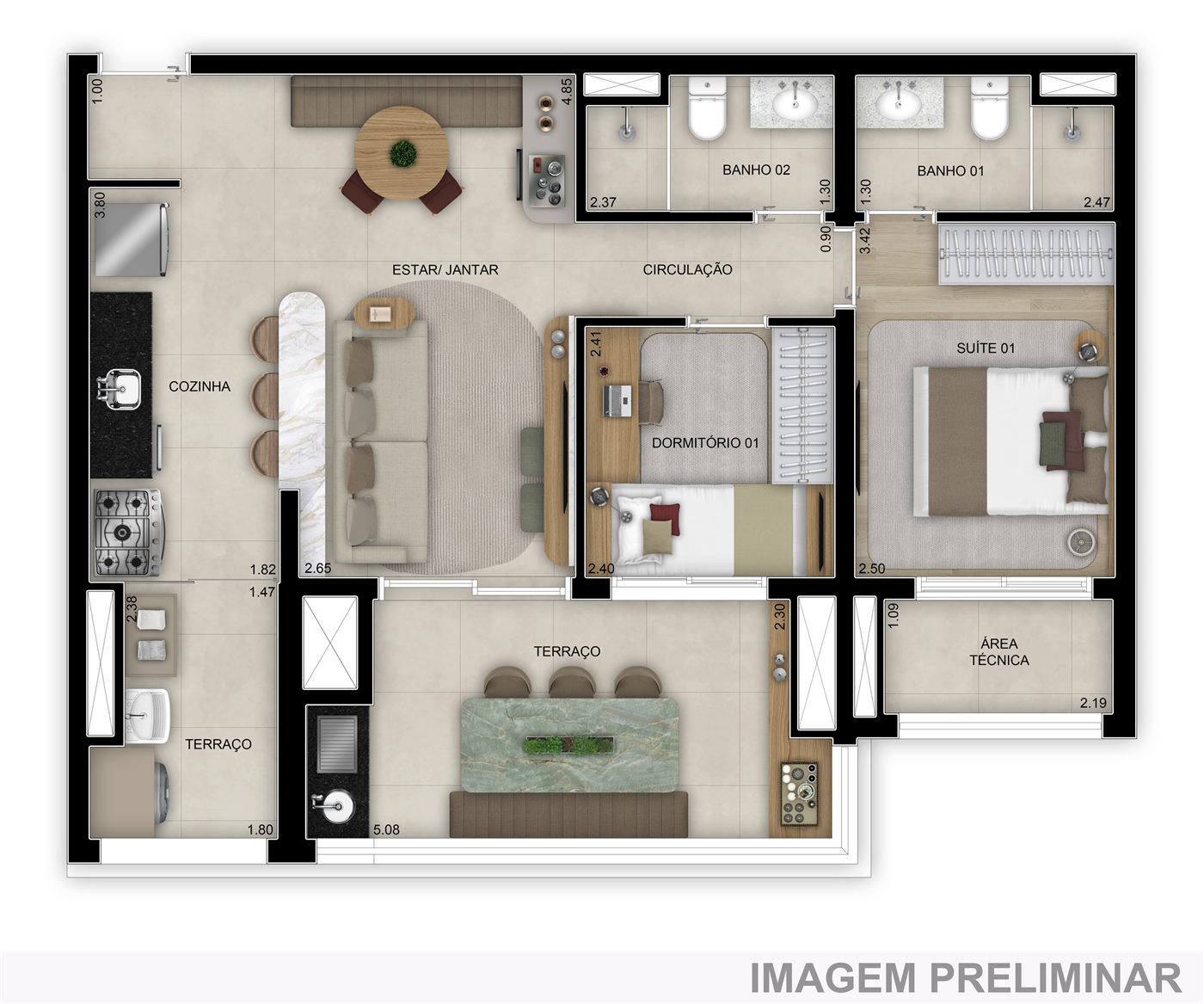 Planta — 75 m², 2 dormitórios (1 suíte), padrão, Torre 1