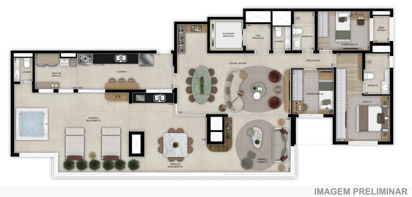 Planta — Penthouse 189 m², 3 dormitórios (1 suíte), com 2 lavabos, Torre 1