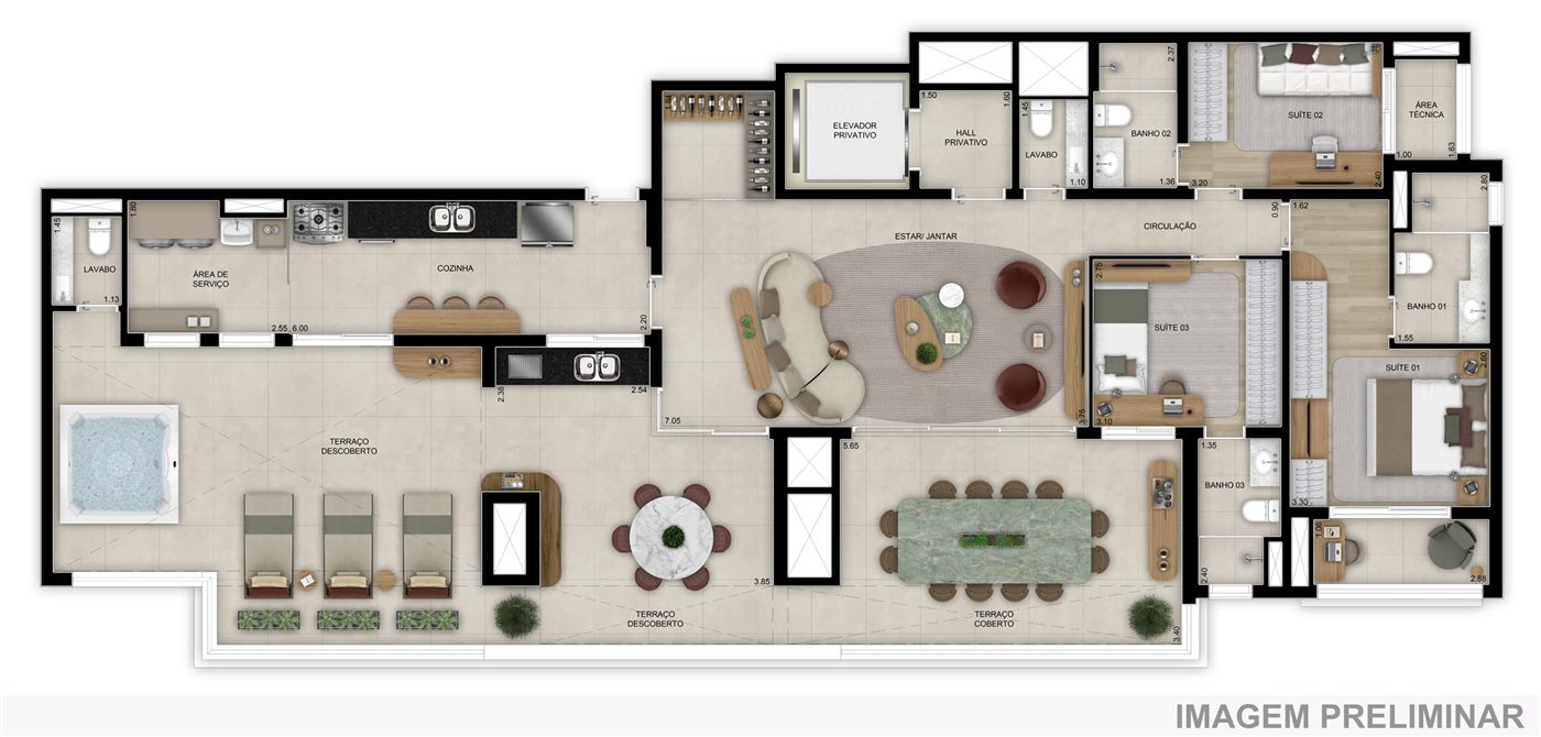 Planta — Penthouse 204 m², 3 suítes, com 2 lavabos, Torre 1