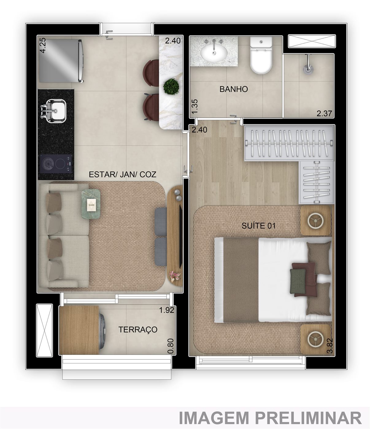 Planta — 29 m², 1 suíte, Torre 2