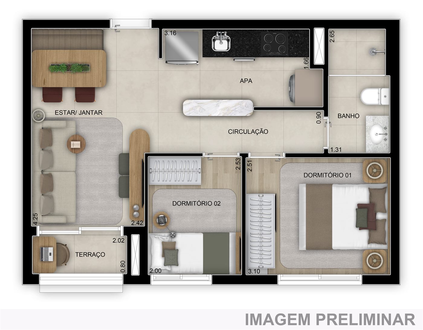 Planta — 45 m², 2 dormitórios, padrão, cozinha integrada, Torre 2