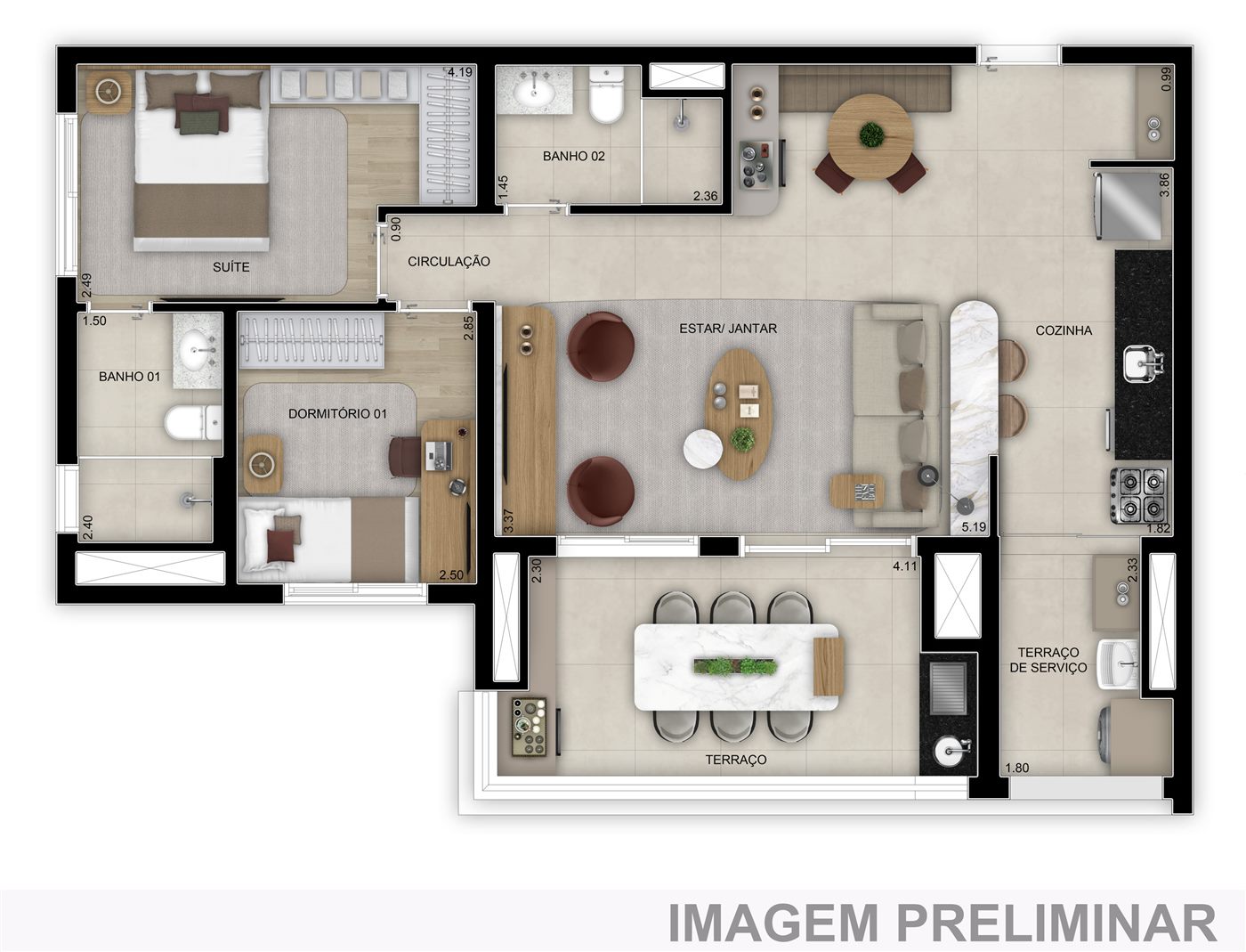 Planta — 83 m², 2 dormitórios, opção ampliada, Torre 2