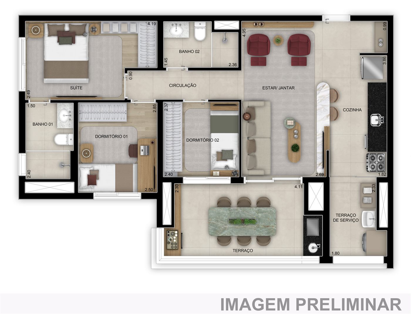 Planta — 83 m², 3 dormitórios (1 suíte), padrão, Torre 2