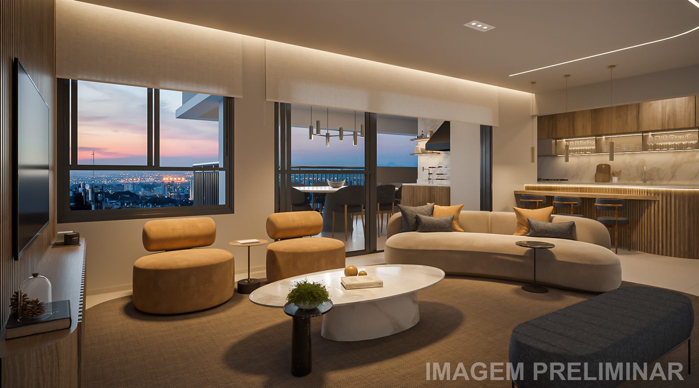 Living do apartamento decorado de 113 m², 3 dormitórios (1 suíte), opção ampliada, Torre 1