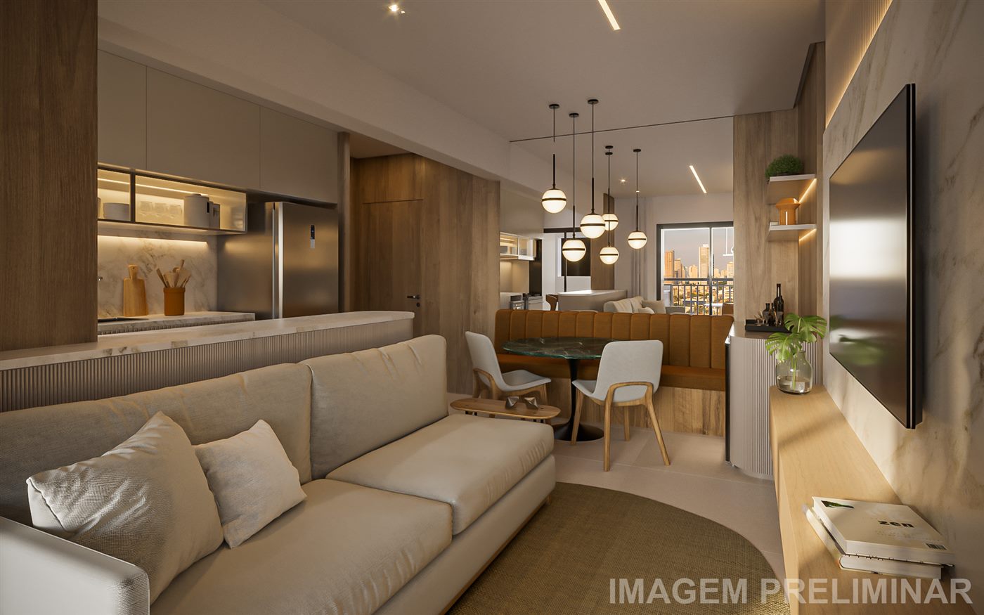 Living do apartamento decorado de 75 m², 2 dormitórios, Torre 1