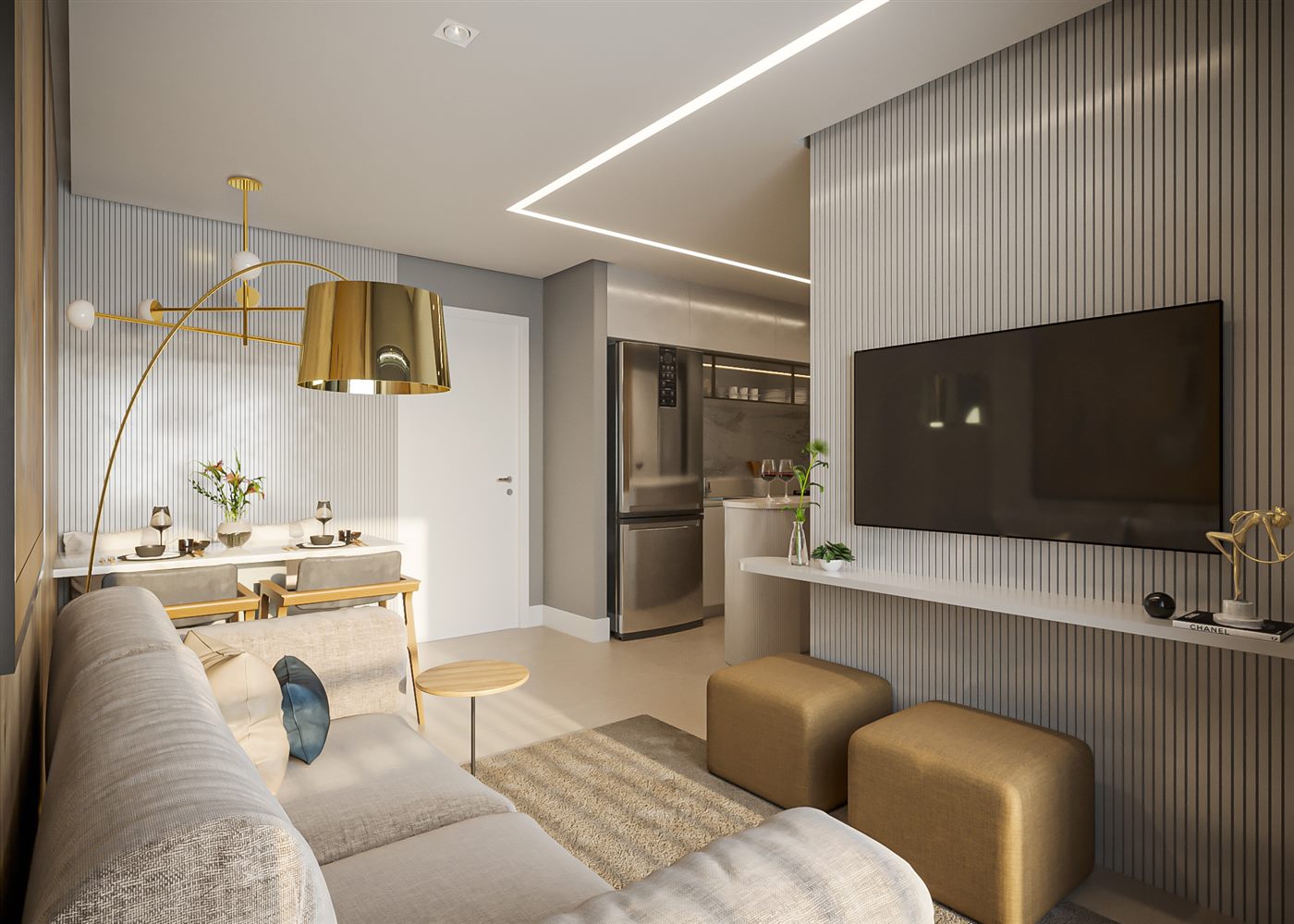 Living do apartamento decorado de 45 m², 2 dormitórios, padrão, Torre 2