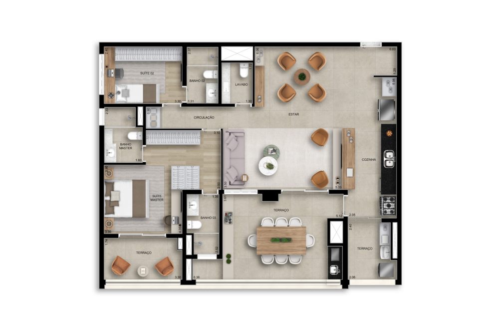 Planta — 131 m², 2 suítes, opção ampliada, com lavabo, Residences