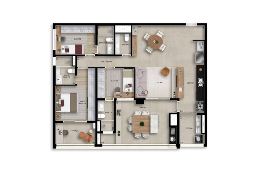 Planta — 131 m², 3 suítes, com lavabo, Residences