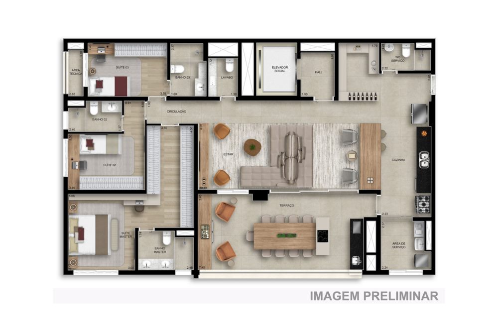 Planta — 169 m², 3 suítes, opção ampliada, com lavabo, Residences