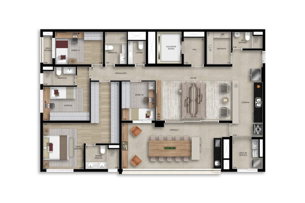 Planta — 169 m², 4 dormitórios (2 suítes), opção ampliada, Residences