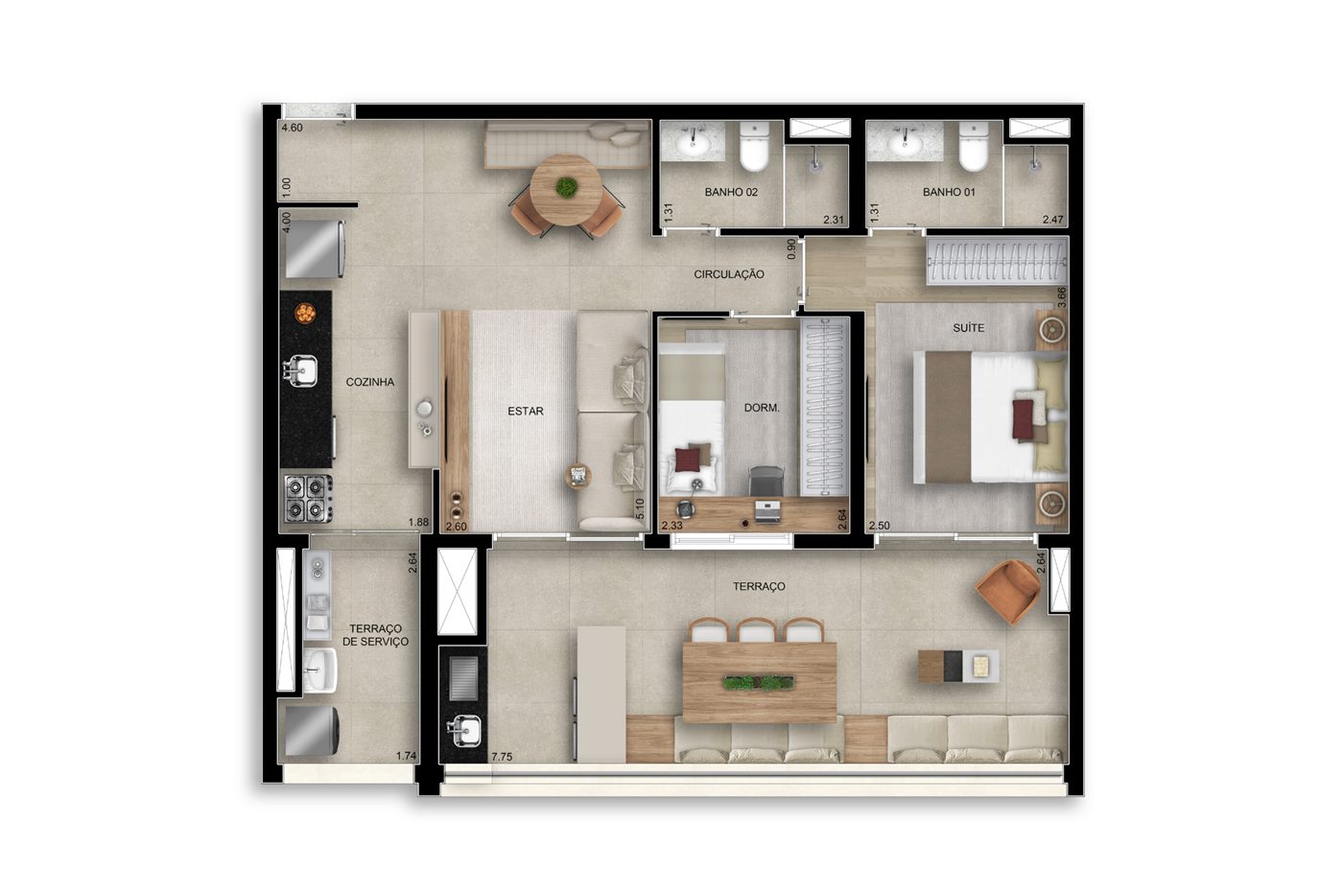 Planta — 82 m², 2 dormitórios (1 suíte), Residences