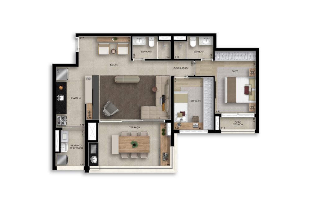 Planta — 90 m², 2 dormitórios (1 suíte), opção ampliada, Residences