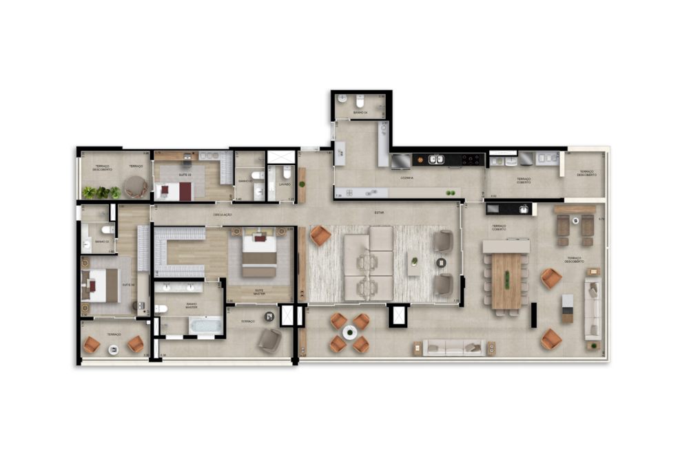 Planta — Penthouse 268 m², 3 suítes, com terraço, lavabo e WC de serviço, Residences