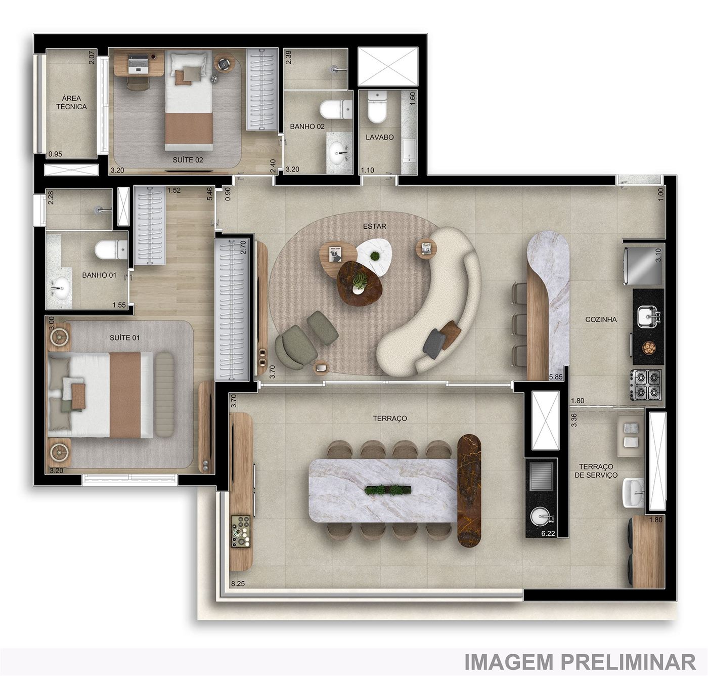 Planta — 106 m², 2 dormitórios com 2 suítes, opção living ampliado, Home