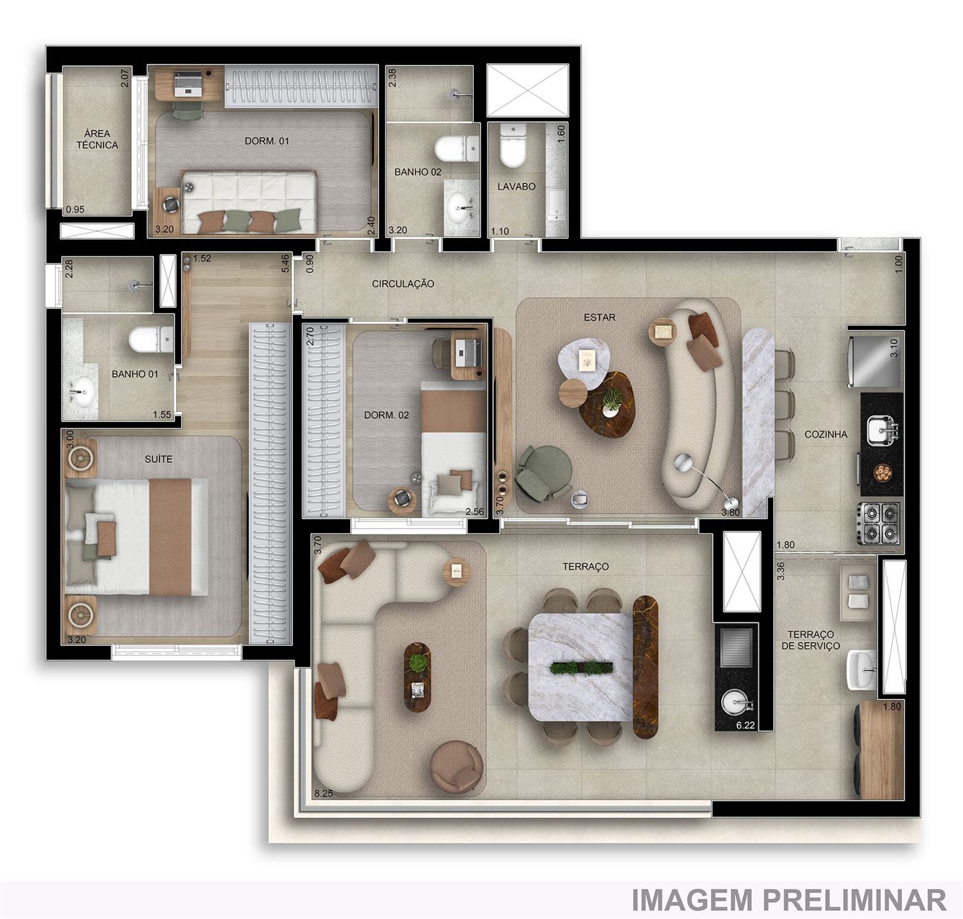 Planta — 106 m², 3 dormitórios (1 suíte), com lavabo, Home