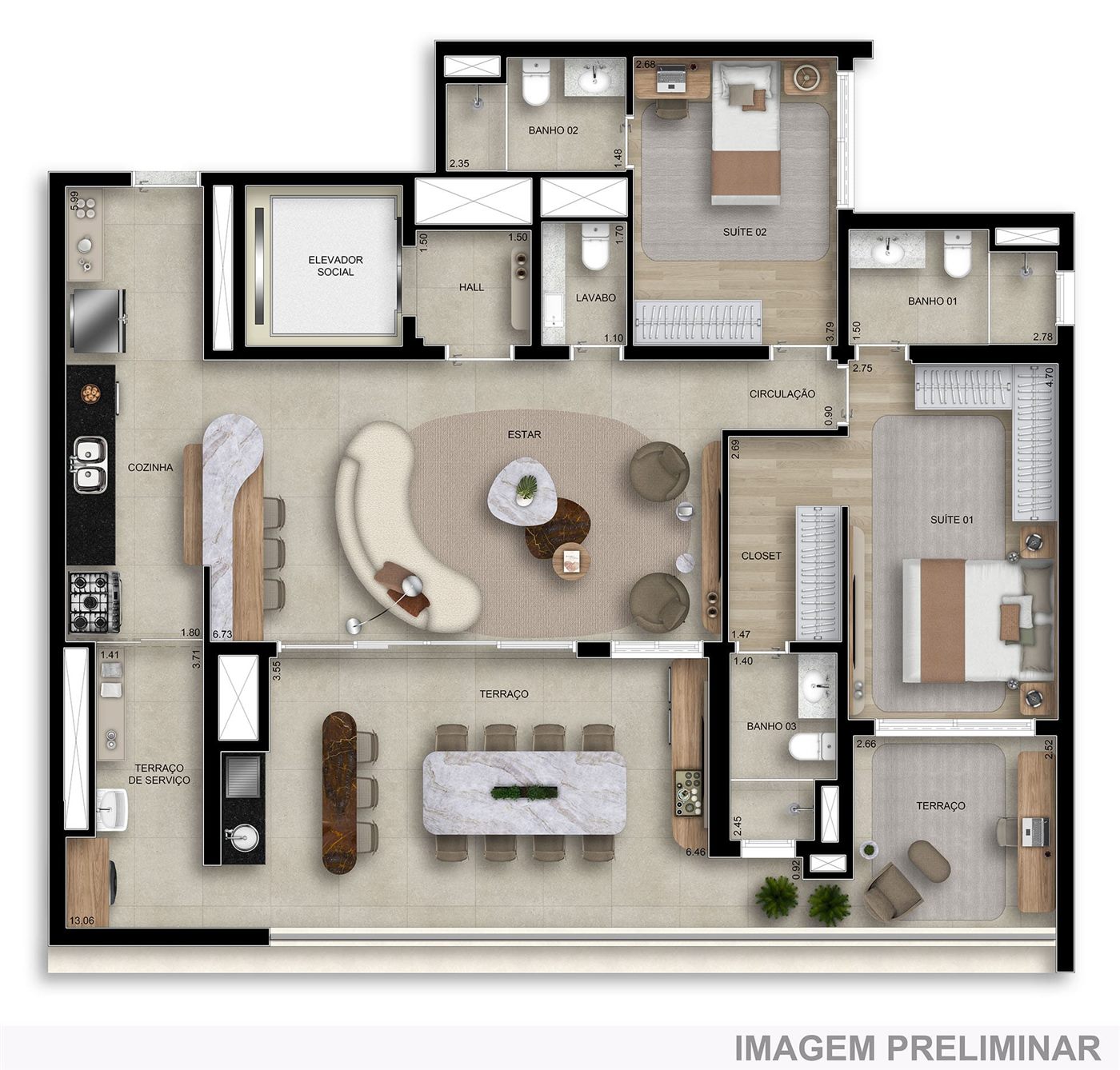 Planta — 134 m², 2 suítes, opção living ampliado, Home