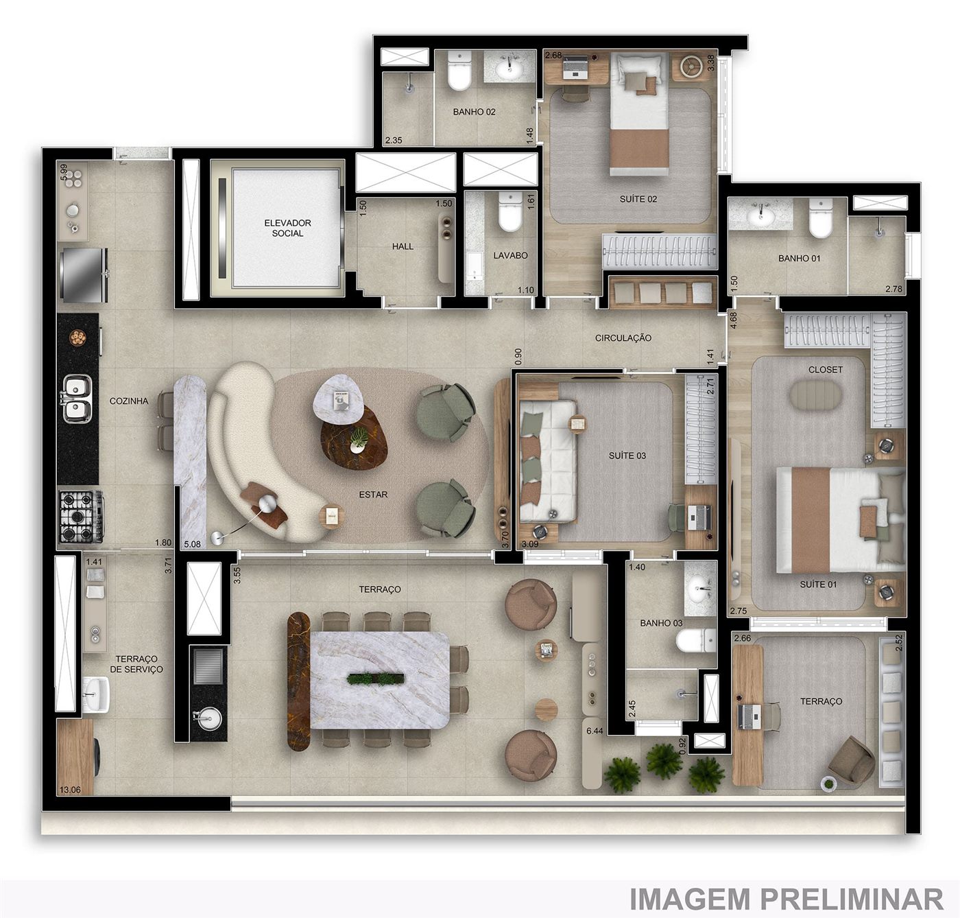 Planta — 134 m², 3 suítes, com lavabo, Home
