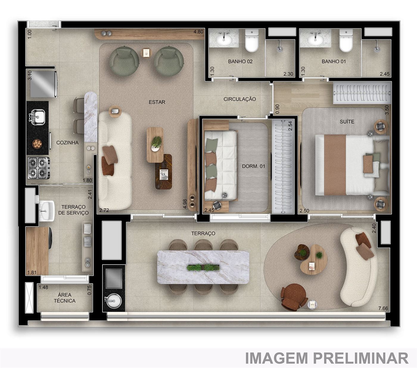 Planta — 83 m², 2 dormitórios (1 suíte), Home