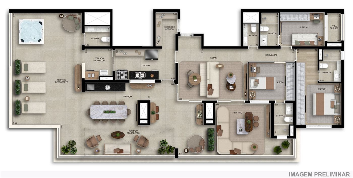 Planta — Penthouse 218 m², 3 suítes, com 2 lavabos e terraço descoberto, Home