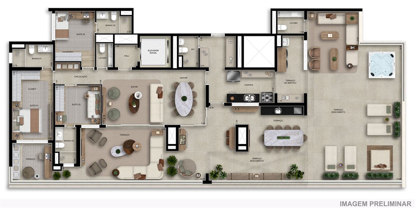 Planta — Penthouse 275 m², 3 suítes, com 2 lavabos e terraço descoberto, Home