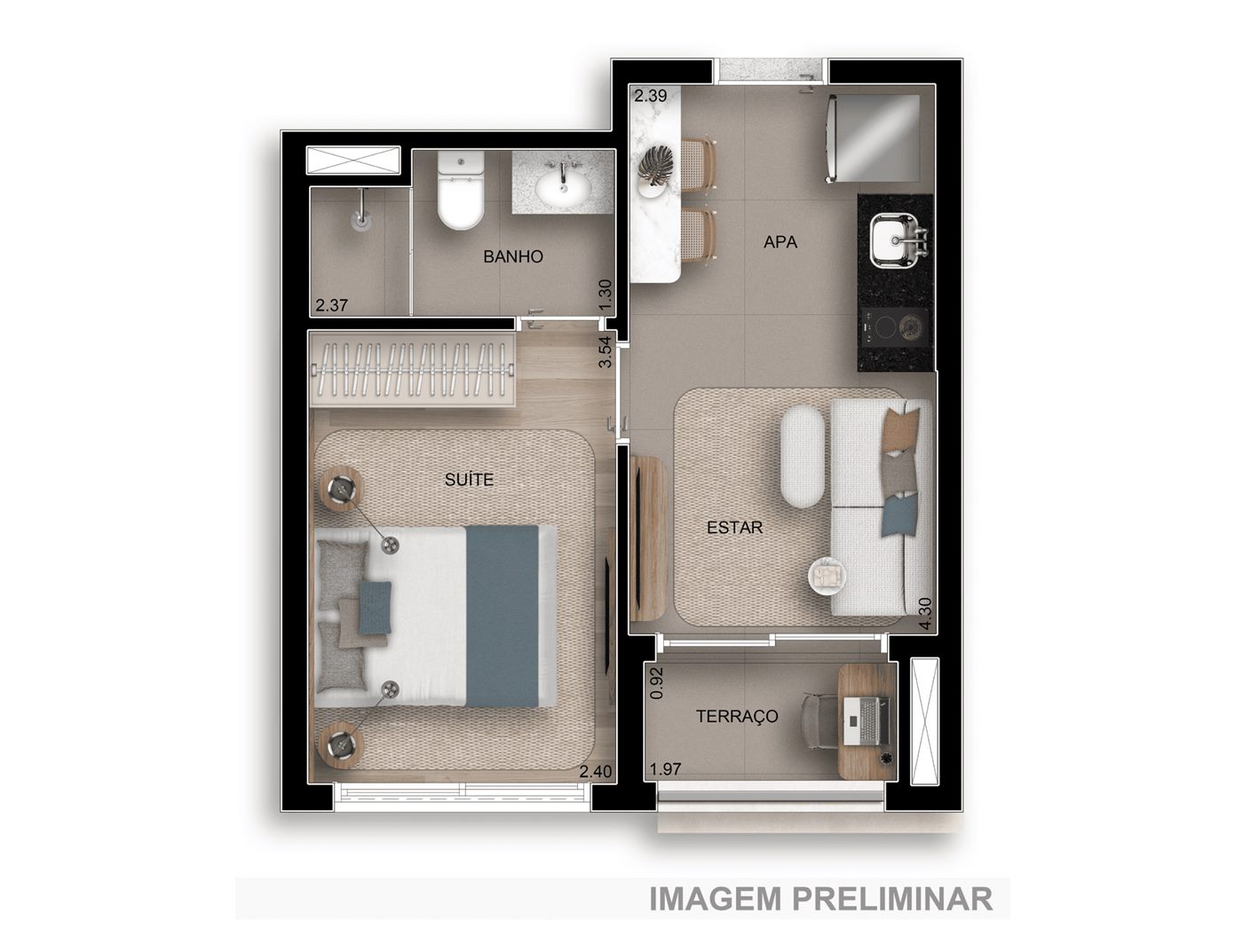 Planta — 29 m², 1 suíte, Smart