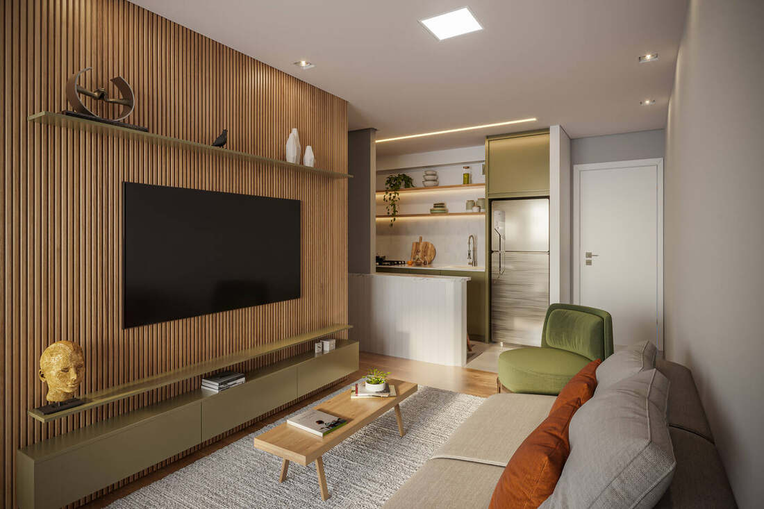 Sala de estar integrada à cozinha, apartamento Club Station Parque Vila Ema
