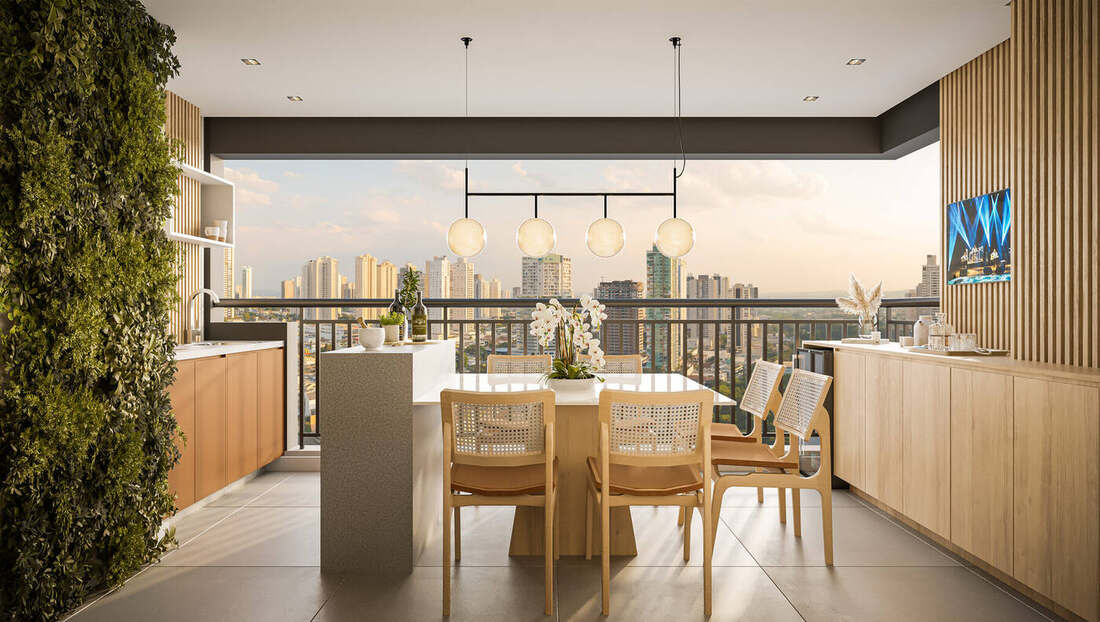 Terraço gourmet com jardim vertical, apartamento Club Station Parque Vila Ema