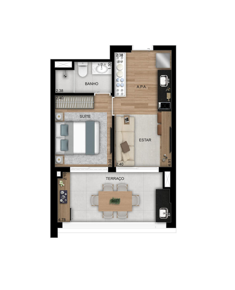 Planta 1 dormitório 37 m², Club Station Parque Vila Ema