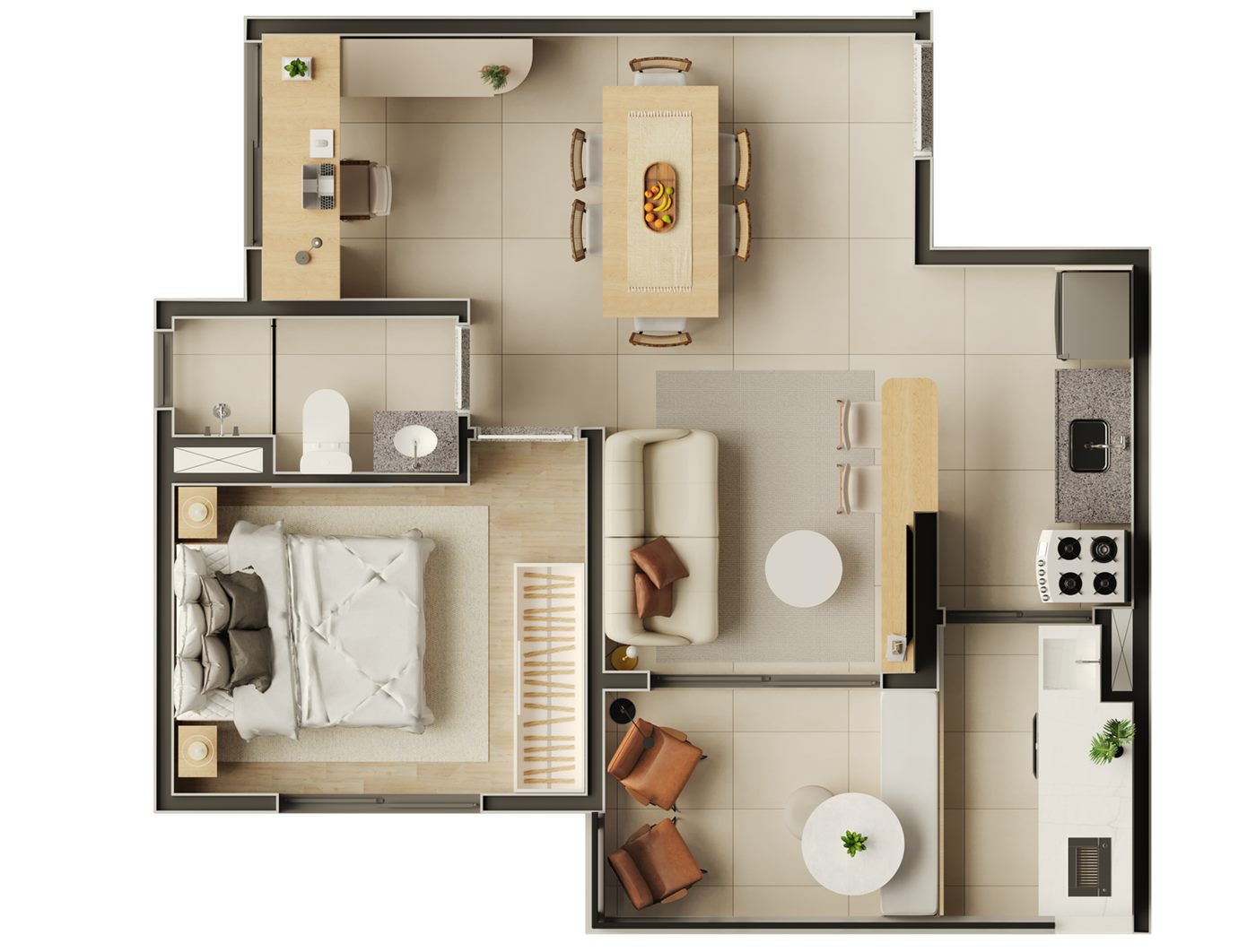 Planta — 43 m², 1 dormitório com sala ampliada