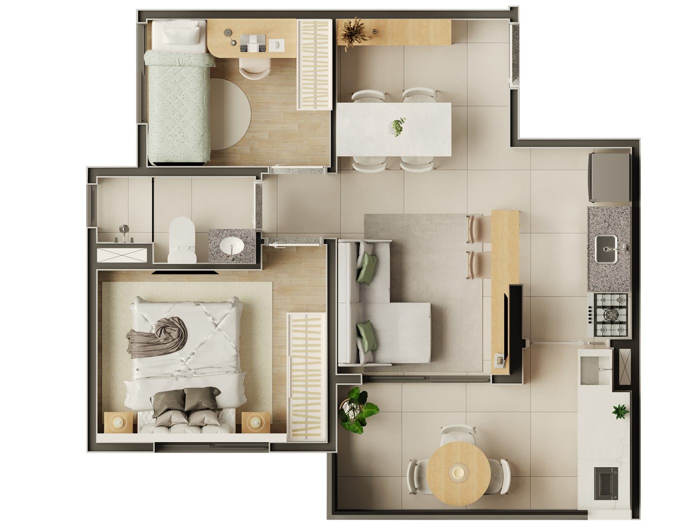 Planta — 43 m², 2 dormitórios com sala ampliada